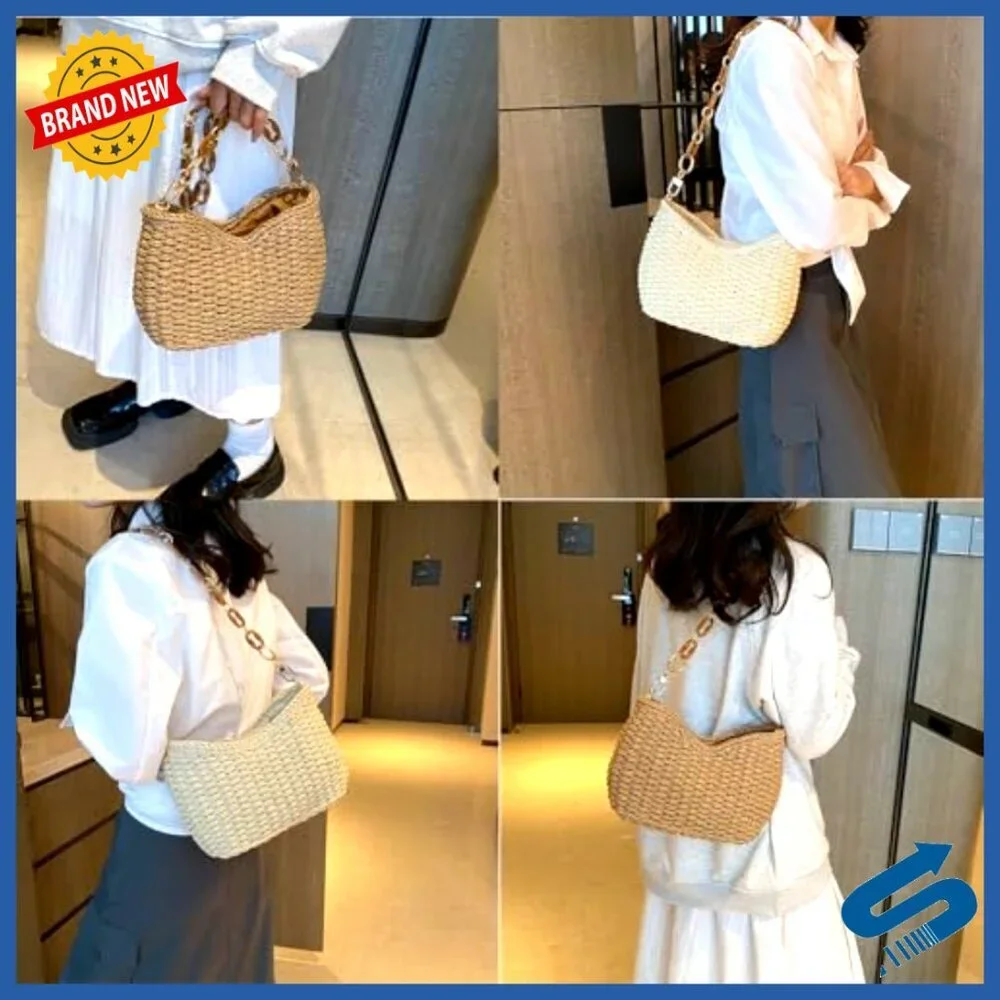 Handmade Woven Straw Crossbody Purse Boho Chic Beach Hobo Bag Zipper Closure